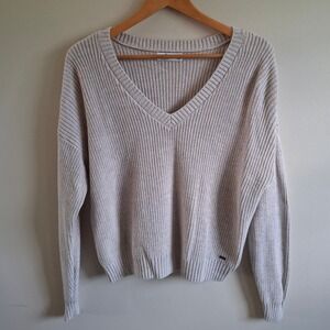 Hollister Beige V Neck Knit Sweater Fitted Hem Preppy Fisherman Soft Girl Sz S